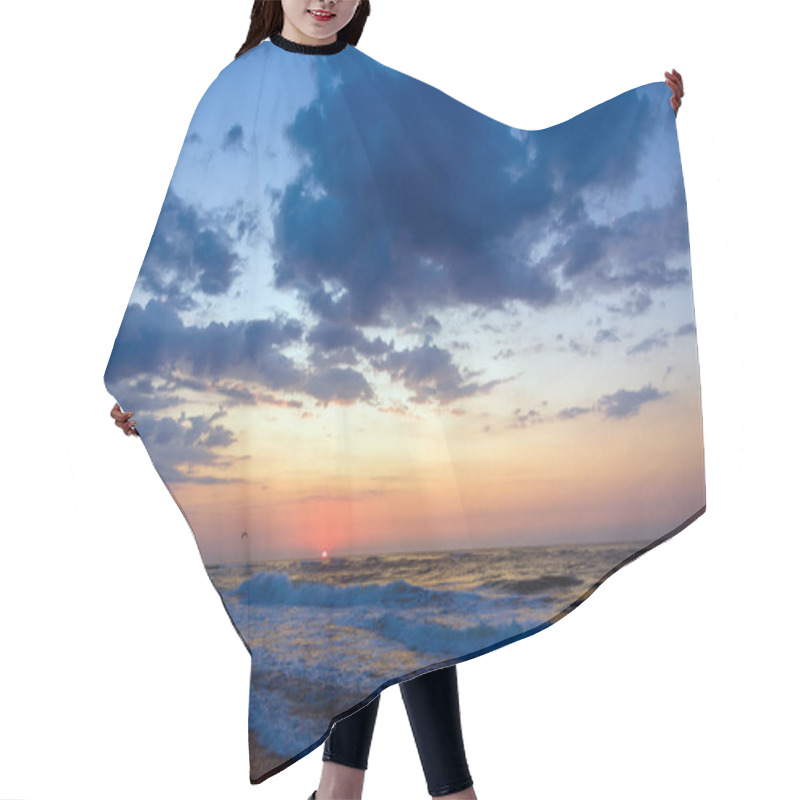 Personality  Sunset On A Beach. Stormy Sea, Cloudy Sky. Hair Cutting Cape