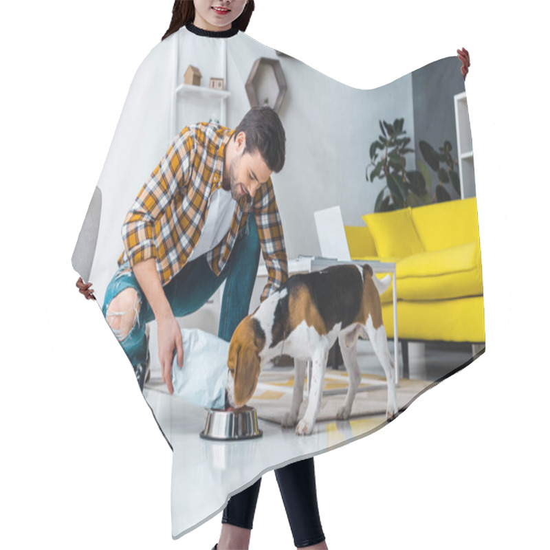 Personality  Handsome Man Feeding Cute Dog In Living Room At Home Hair Cutting Cape