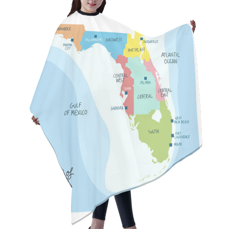 Personality  Hand Drawn Map Of The State Of Florida With Regions Counties And Main Cities. Colorful Sketch Style Hair Cutting Cape