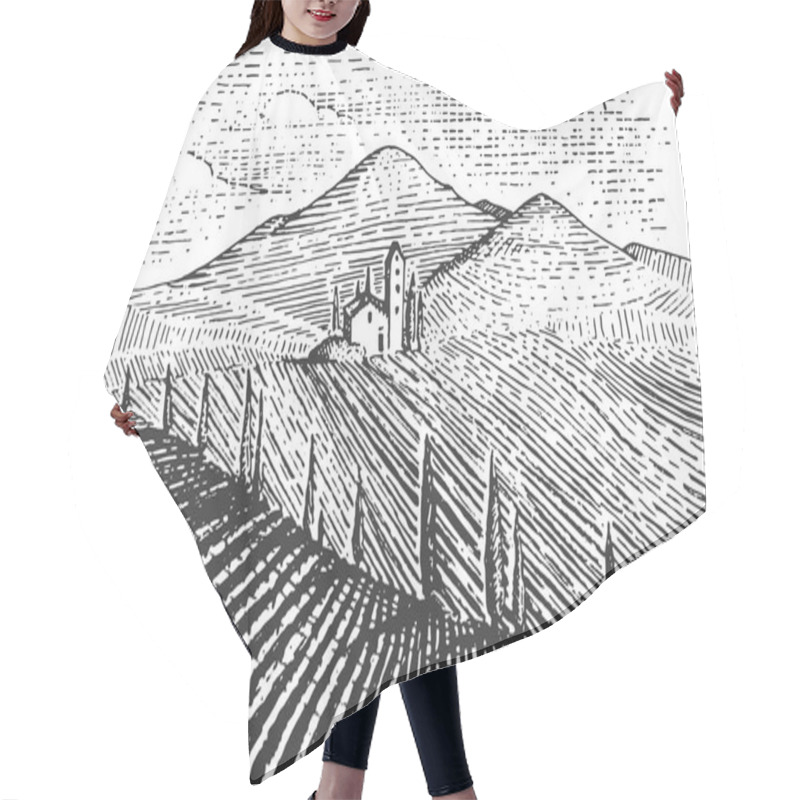 Personality  Vintage Engraved, Hand Drawn Vineyards Landscape, Tuskany Fields, Old Looking Scratchboard Or Tatooo Style Hair Cutting Cape