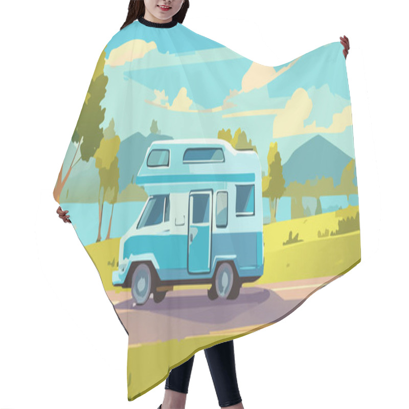 Personality  Cartoon Illustration Of Camper On Road Vector Background For Web Design Hair Cutting Cape