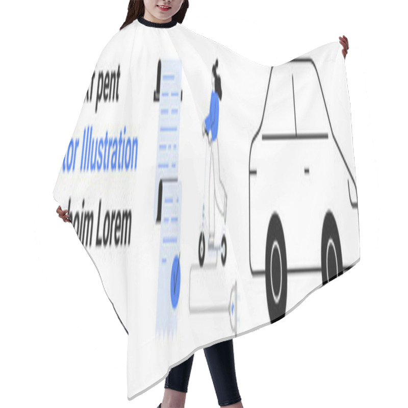 Personality  Documents With Checkmarks, Individual Riding Scooter, Silhouette Of Car, Text In Different Fonts And Colors. Ideal For Business, Transportation, Delivery Services, Logistics, Personal Documentation Hair Cutting Cape