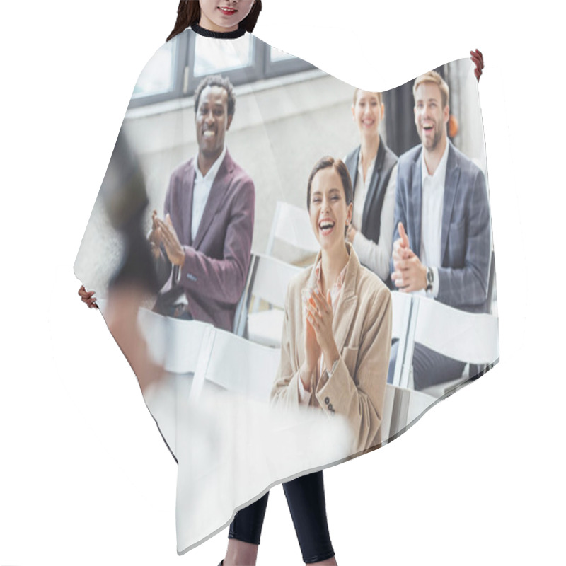 Personality  Four Multiethnic Colleagues In Formal Wear Clapping During Conference  Hair Cutting Cape