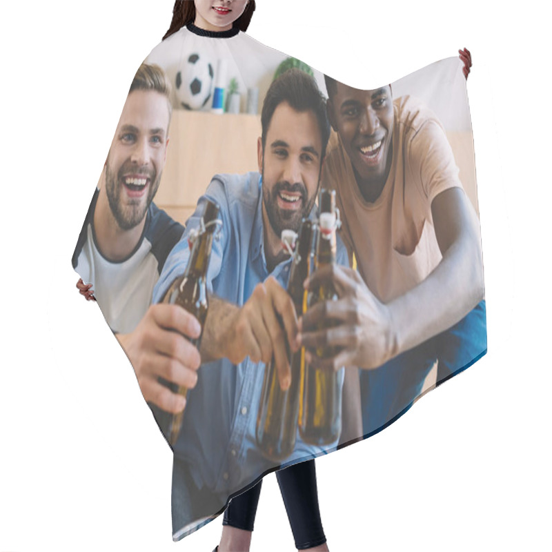 Personality  Happy Young Multicultural Friends Clinking Beer Bottles And Celebrating During Watch Of Soccer Match At Home Hair Cutting Cape