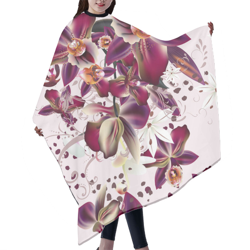 Personality  Vector Illustration On A Tropical Theme Palm Leafs And Orchids Hair Cutting Cape