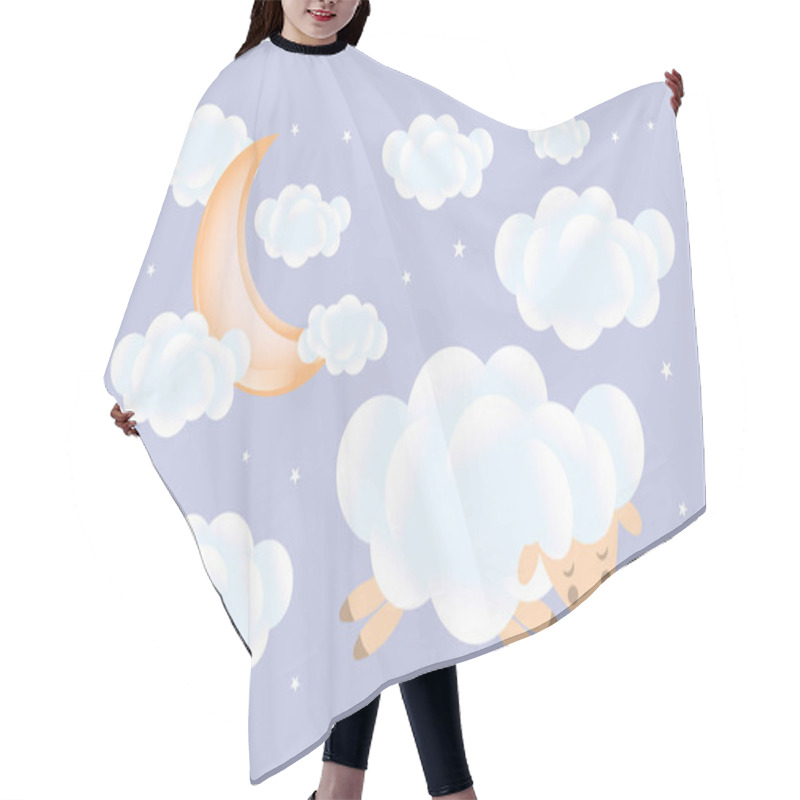 Personality  3d Baby Shower. Sheep Sleeps On A Cloud With A Growing Moon With Clouds On A Soft Blue Background. Children's Design In Pastel Colors. Background, Illustration, Vector. Hair Cutting Cape