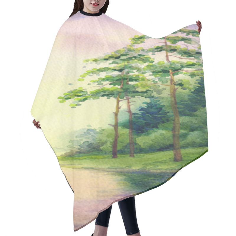 Personality  Hand Drawn Bright Watercolour Artwork Paint Sketch On Paper Backdrop Text Space On Light Pink Color Clouds. Autumn Dark Rural Cloudy Mist Scene View. Lush Fall Reed Shrub Reflect In Quiet Fog Brook Hair Cutting Cape