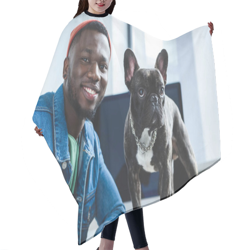 Personality  Young Man With French Bulldog By Computer Screen Hair Cutting Cape