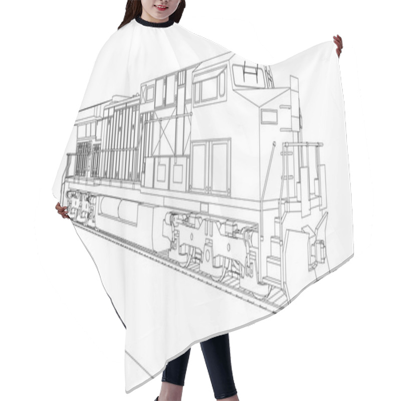 Personality  Modern Diesel Railway Locomotive With Great Power And Strength For Moving Long And Heavy Railroad Train. Vector Illustration With Outline Stroke Lines. Hair Cutting Cape