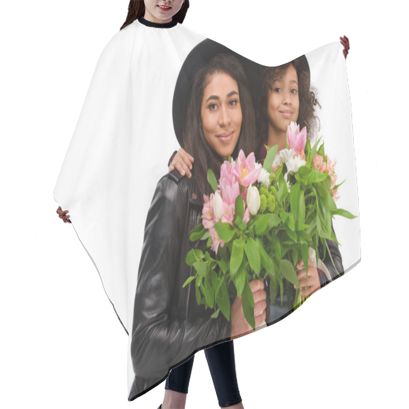 Personality  Embracing Mother And Daughter With Beautiful Bouquets Isolated On White Hair Cutting Cape