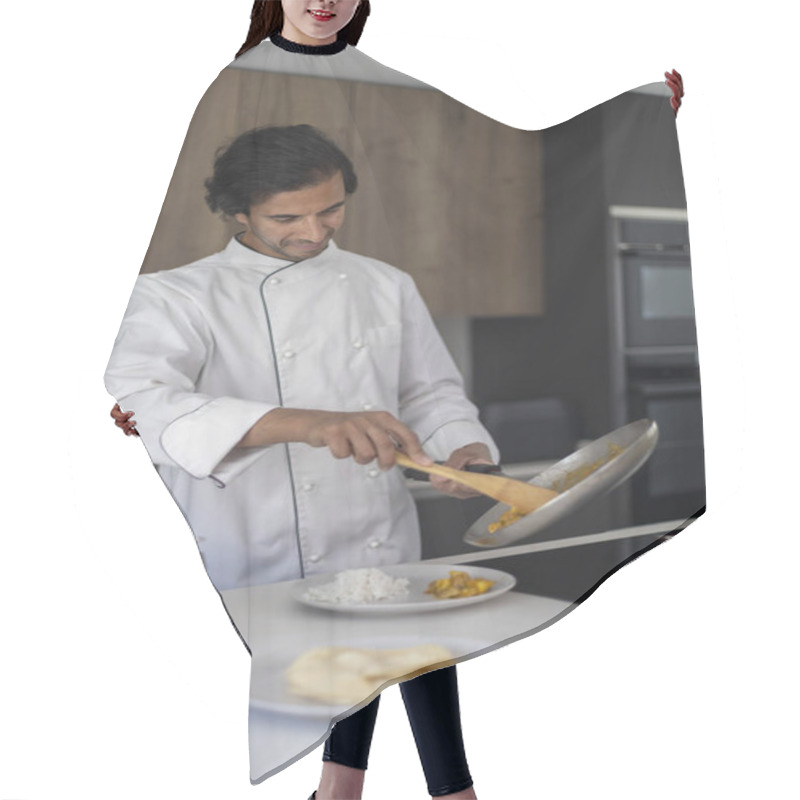 Personality  Professional Chef In A White Coat Serving A Dish Onto A Plate, Preparing A Meal In The Kitchen Hair Cutting Cape