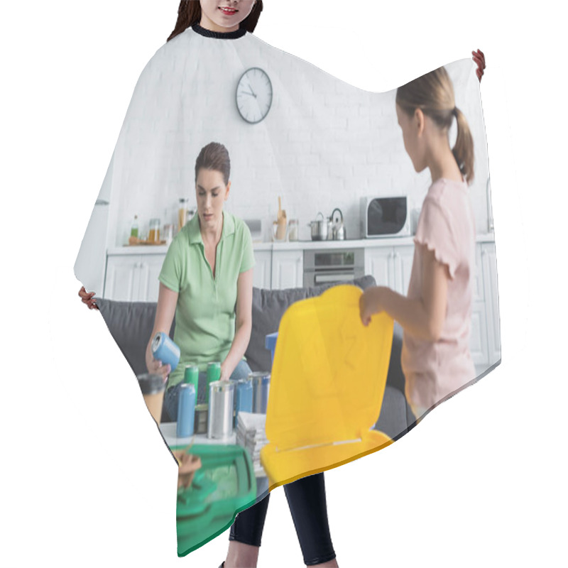 Personality  Woman Sorting Cans Near Blurred Daughter And Trash Bins At Home  Hair Cutting Cape