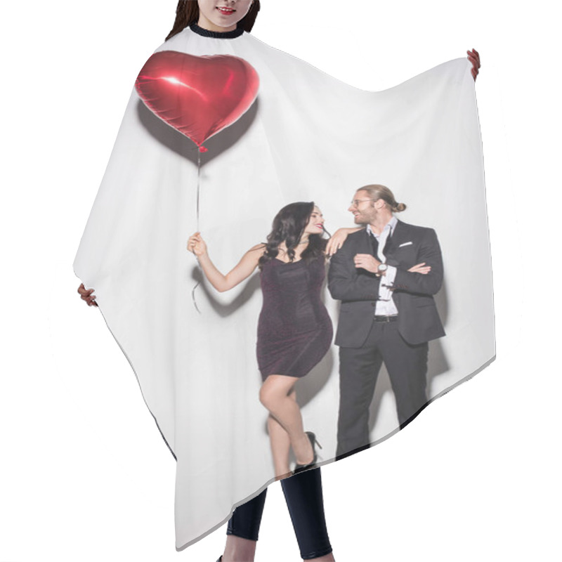 Personality  Happy Couple Holding Red Heart Shaped Balloon On Valentines Day On White Hair Cutting Cape