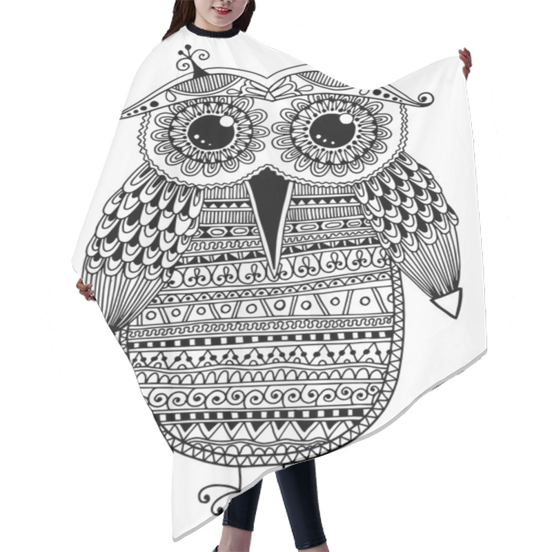 Personality  Black And White Original Ethnic Owl Ink Drawing Hair Cutting Cape