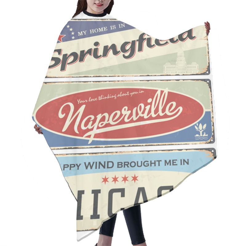 Personality  Vintage Tin Sign Collection With USA Cities. Springfield. Naperville. Chicago. Retro Souvenirs Or Postcard Templates On Rust Background. Hair Cutting Cape