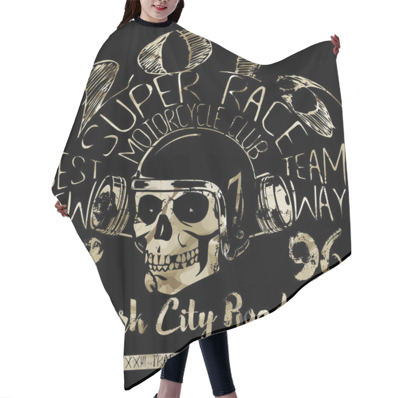 Personality  Motorcycle Themed Handmade Drawing Helmet And Skull Tee Graphic  Hair Cutting Cape