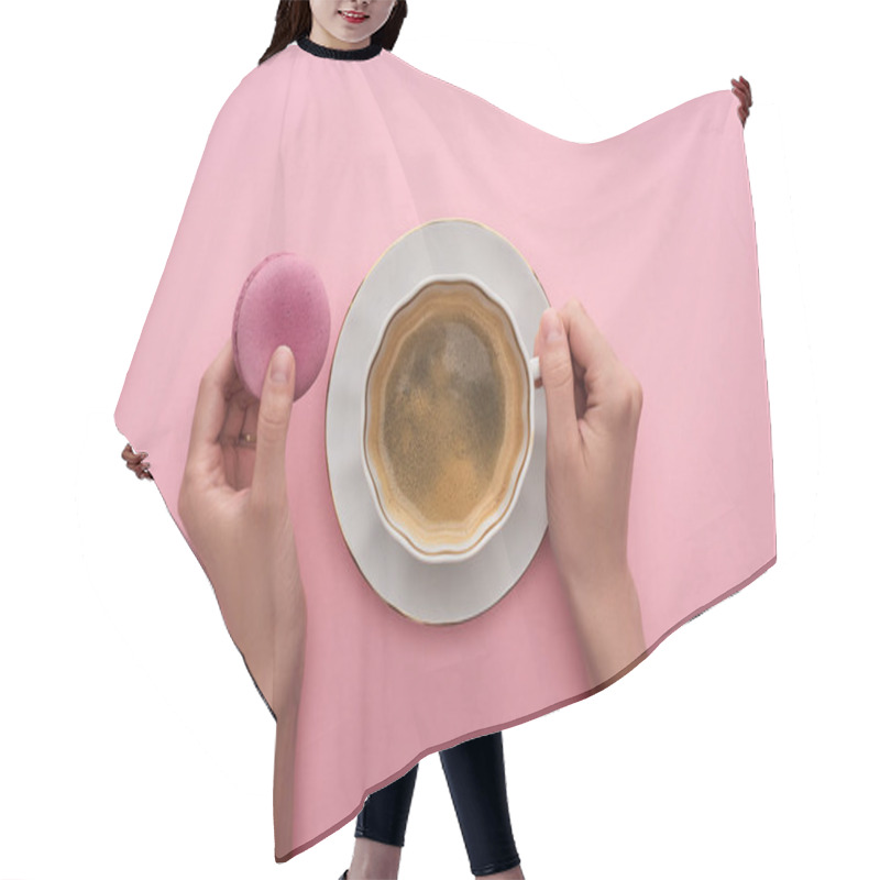 Personality  Cropped View Of Woman Drinking Coffee With Delicious French Macaroon On Pink Background Hair Cutting Cape