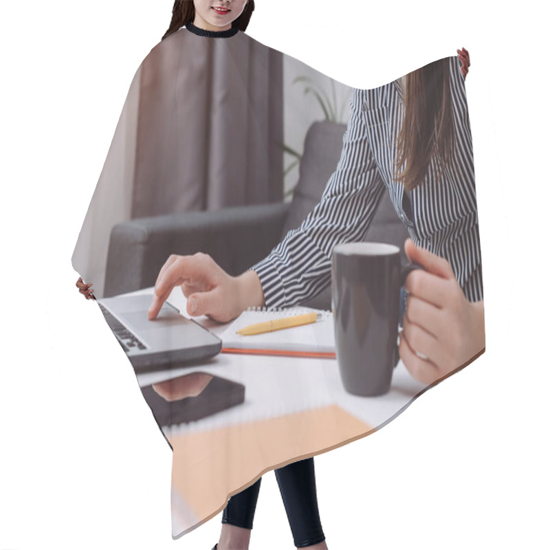 Personality  Woman Freelancer Working On Laptop At Home-office. Startup Concept. Close Up Of Female Hands Working Computer Typing On Keyboard And Hold Cup Coffee. Businesswoman Writing Business Letter At Work Hair Cutting Cape