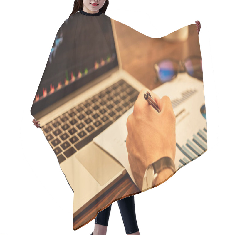 Personality  Cropped View Of Man Writing With Pen On Paper With Charts  Hair Cutting Cape