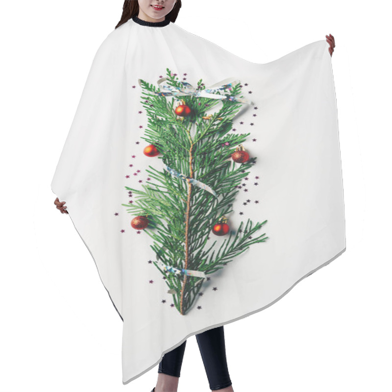 Personality  Top View Of Green Pine Branch Decorated As Festive Christmas Tree On White Background Hair Cutting Cape