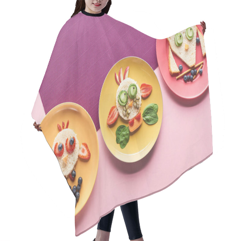 Personality  Top View Of Plates With Fancy Animals Made Of Food On Pink And Purple Background Hair Cutting Cape