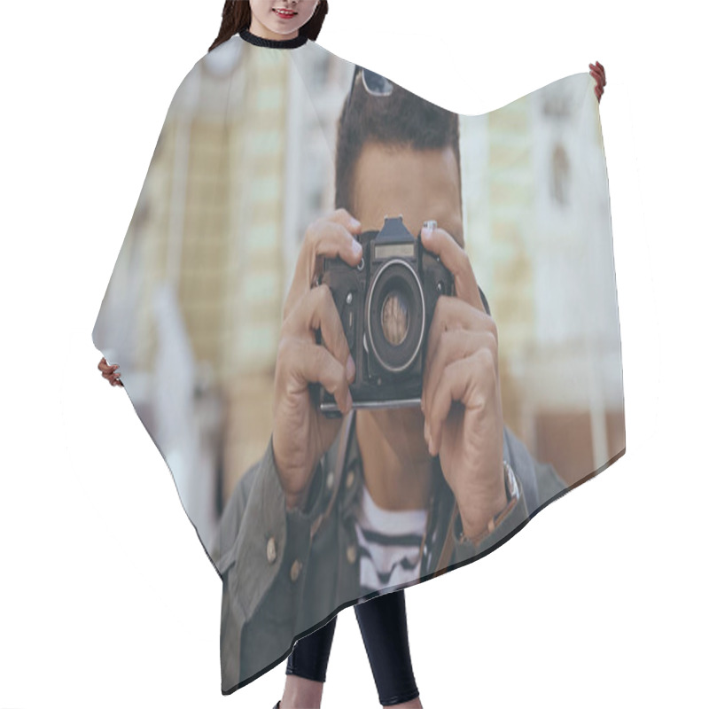 Personality  Bi-racial Tourist Taking Photo On Film Camera Outdoors  Hair Cutting Cape