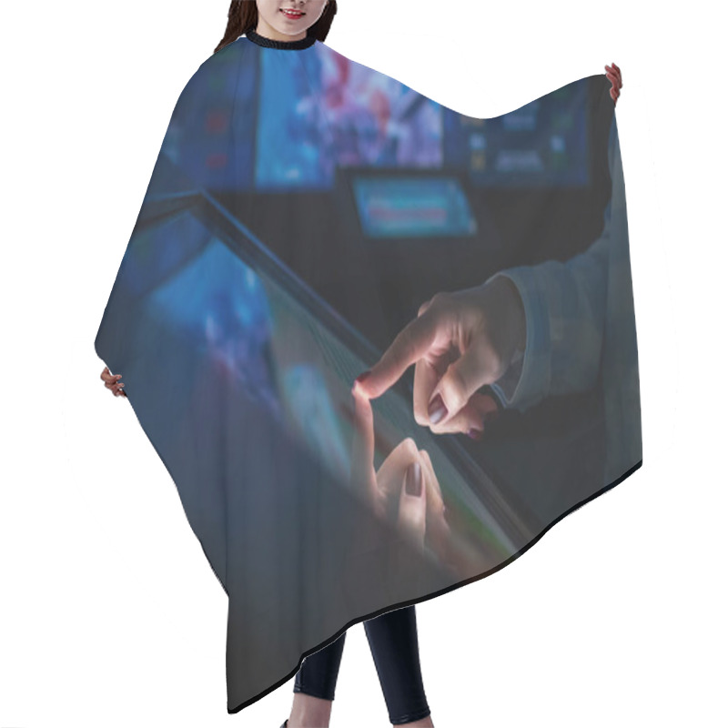 Personality  Woman Using Interactive Touchscreen Display At Modern Museum Or Exhibition Hair Cutting Cape