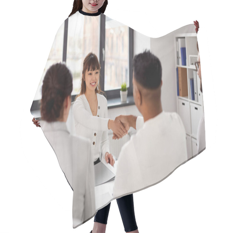 Personality  Recruiters Having Job Interview With Employee Hair Cutting Cape