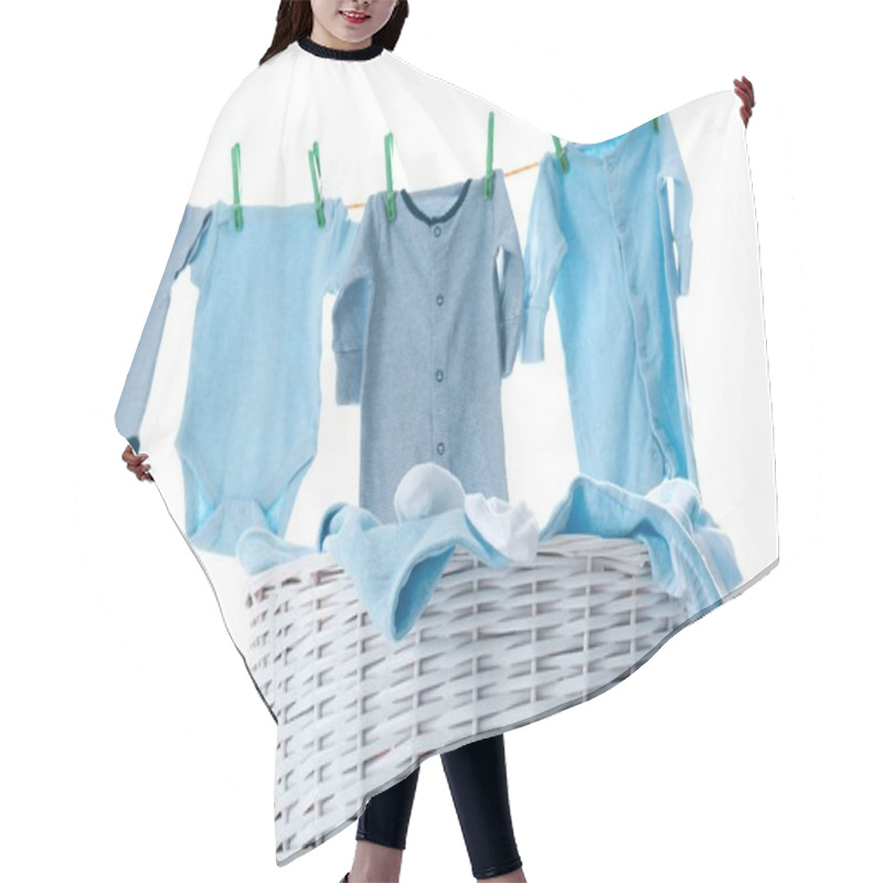 Personality  Children's Clothes On Washing Line And Laundry Basket Against White Background Hair Cutting Cape