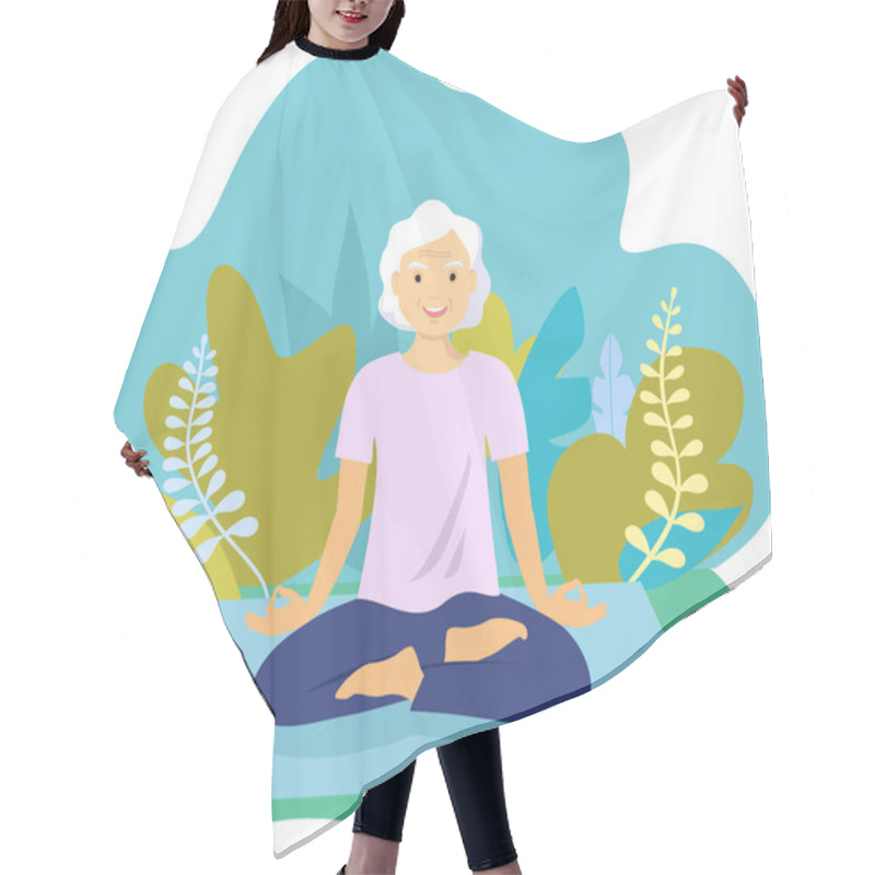 Personality  Attractive Old Woman Relaxing At Yoga. Healthy Lifestyle. An Elderly Woman Sits In A Lotus Position And Meditates. Vector Flat Illustration. Best Ager Women Practicing Yoga And Tai Chi Outdoors. Hair Cutting Cape