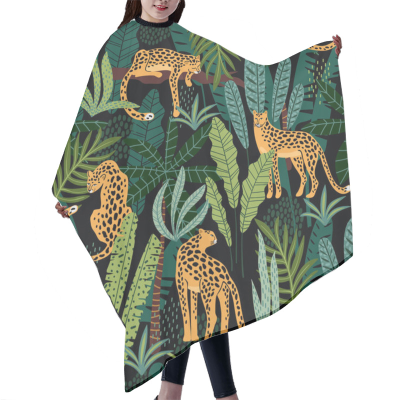 Personality  Vestor Seamless Pattern With Leopards And Tropical Leaves. Hair Cutting Cape