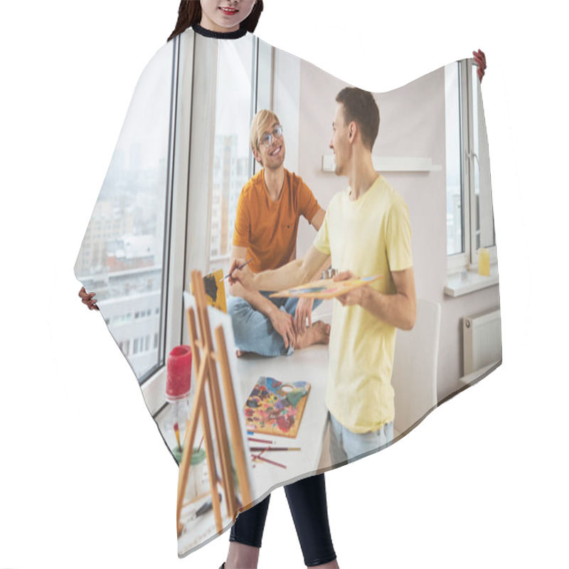 Personality  Cheerful Man Painting Picture And Chatting With Boyfriend At Home Hair Cutting Cape