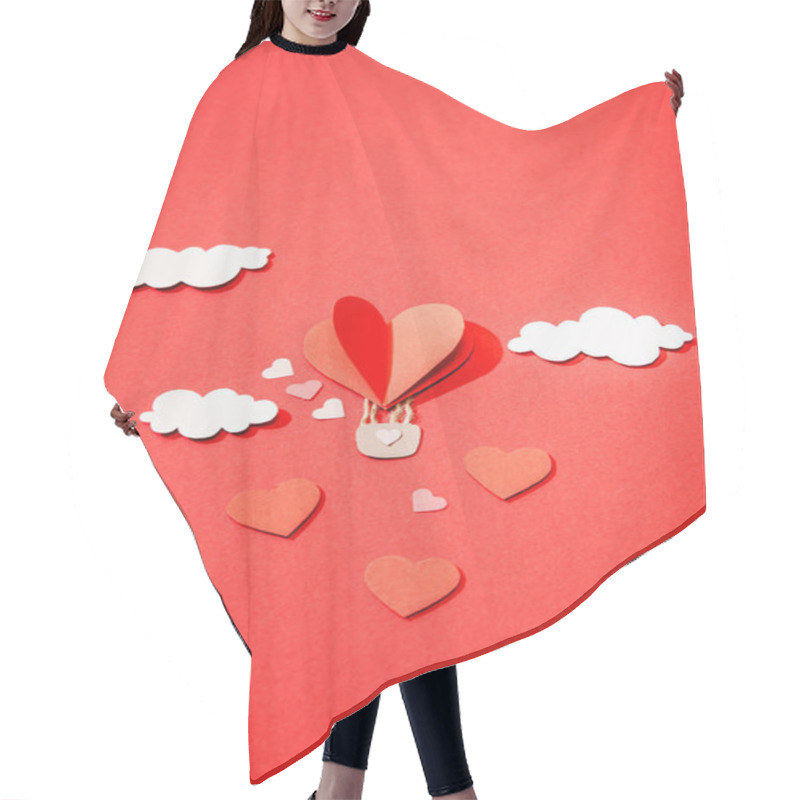 Personality  Top View Of Paper Heart Shaped Air Balloon In Clouds On Red Background Hair Cutting Cape