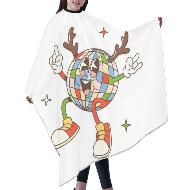 Personality  Cartoon Groovy Christmas Disco Ball Character. Vector Festive Retro Personage With Colorful Facets, Reindeer Horns And Cheerful Smile Happily Dancing Adds Playful And Lively Vibe To Xmas Celebration Hair Cutting Cape