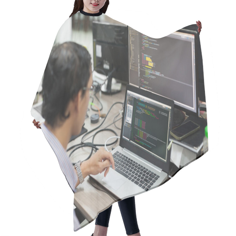 Personality  Asian Outsource Software Developer Looking Screen Sitting At Desk Hair Cutting Cape