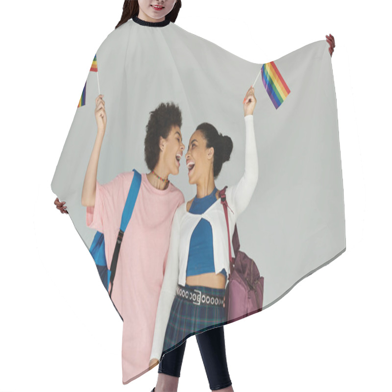 Personality  Two Friends Joyfully Wave Rainbow Flags, Celebrating Their Pride And Unity In A Bright Atmosphere. Hair Cutting Cape