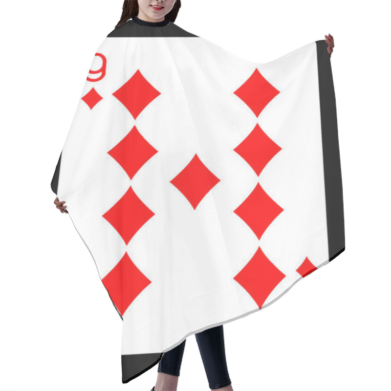 Personality  Nine Of Diamonds Playing Card, Isolated On Black Background.  Hair Cutting Cape