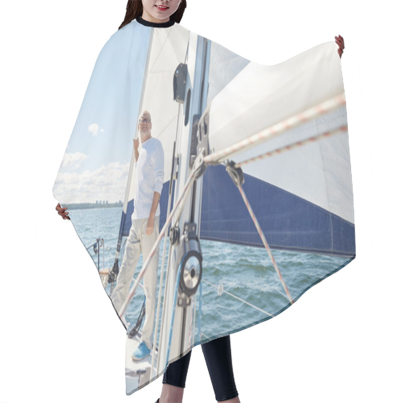 Personality  Senior Man On Sail Boat Or Yacht Sailing In Sea Hair Cutting Cape