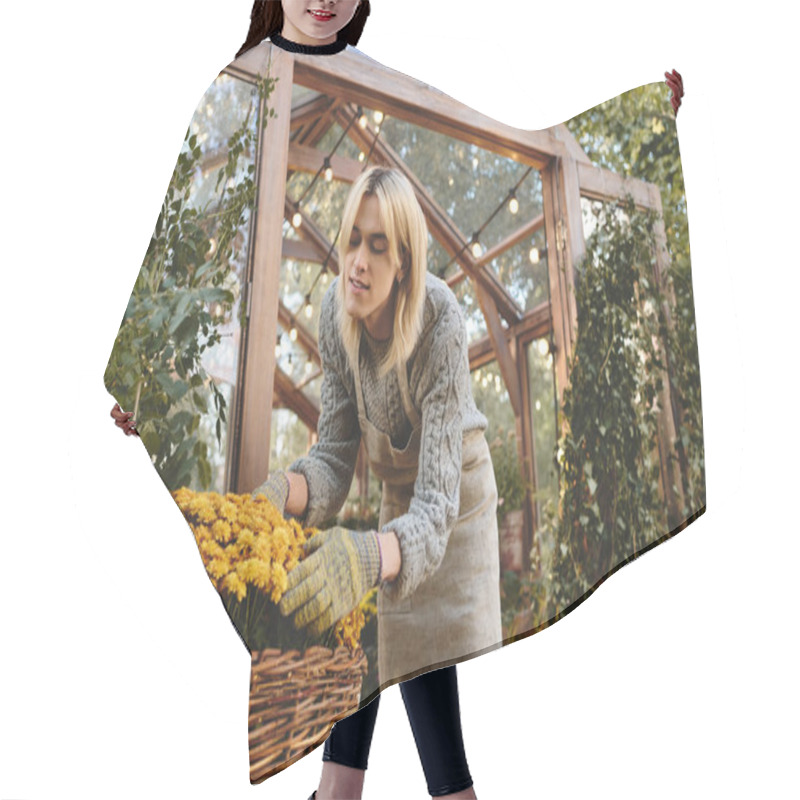 Personality  In A Sunny Greenhouse, A Young And Handsome Man Carefully Arranges Bright Yellow Flowers In Woven Baskets. Surrounded By Lush Greenery, They Exude Passion For Gardening And Nature. Hair Cutting Cape