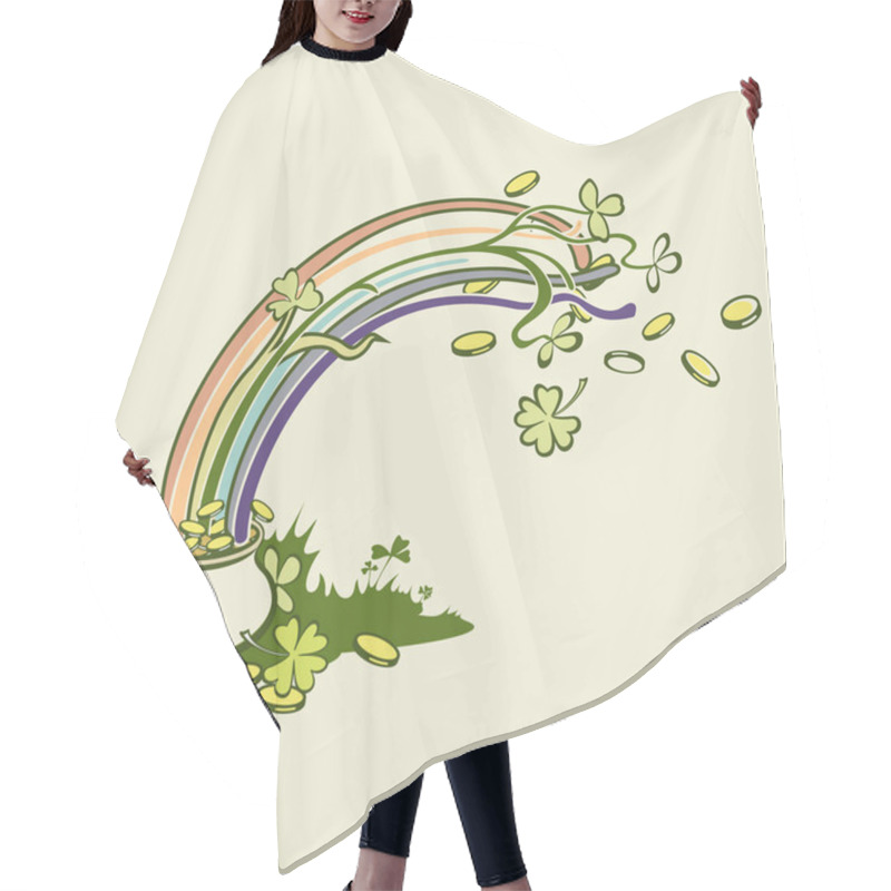 Personality  Rainbow, Green Leaf Lucky Clover And Pot Full Of Gold. Vector Illustration Hair Cutting Cape