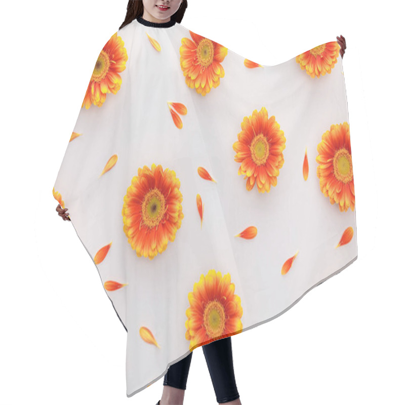 Personality  Top View Of Orange Gerbera Flowers With Petals On White Background Hair Cutting Cape