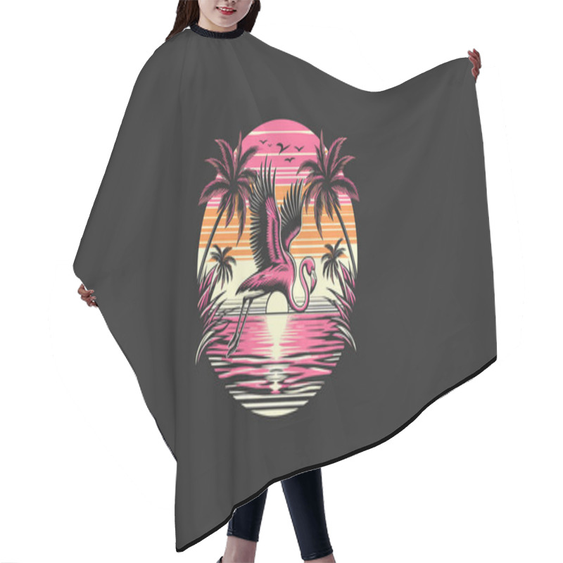 Personality  Flying Flamingo On Beach Sunset And Palm Vector Artwork Design Hair Cutting Cape