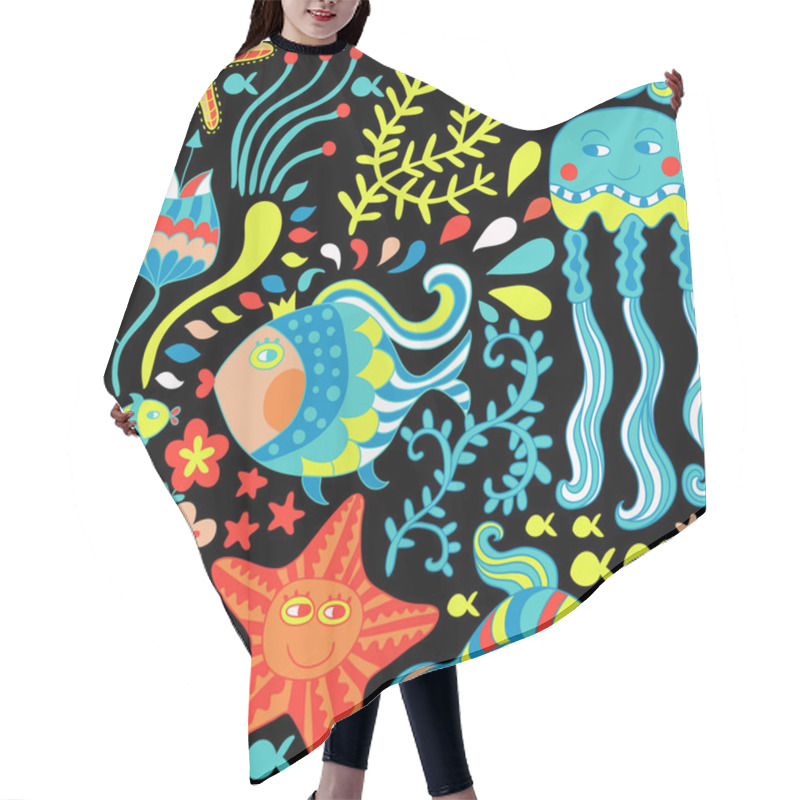 Personality  Cartoon Set With Sea Live, Set. Copy That Square To The Side An Hair Cutting Cape