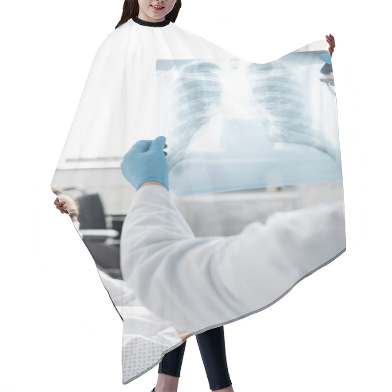 Personality  Lungs X-ray In Hands Of Doctor In Latex Gloves Near African American Woman In Medical Mask On Blurred Background Hair Cutting Cape