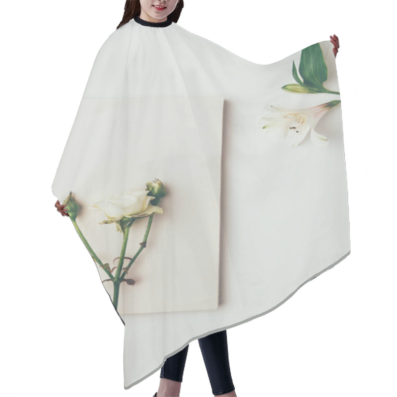 Personality  Top View Of Beautiful Tender Rose With Buds And Lily Isolated On Grey Hair Cutting Cape