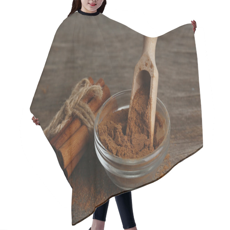 Personality  Cinnamon Bark And Cinnamon Powder On Wooden Table Hair Cutting Cape