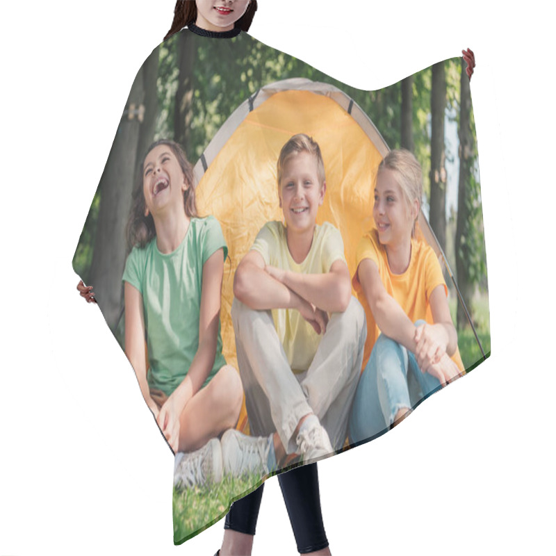 Personality  Happy Boy Sitting With Cute Friends Laughing Near Camp  Hair Cutting Cape