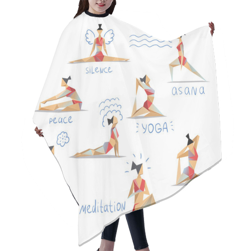 Personality  Vector Set Polygonal Illustration Of Yoga Poses. Women Doing Yoga Exercises Hair Cutting Cape