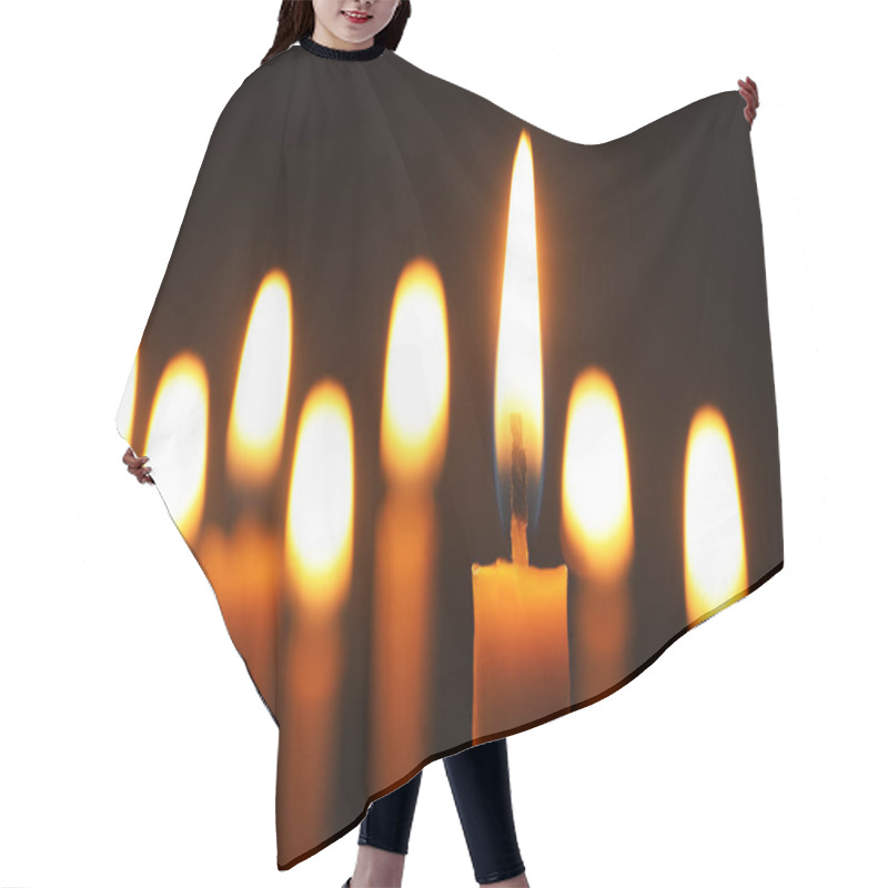 Personality  Burning Candles On Dark Background, Space For Text. Symbol Of Sorrow Hair Cutting Cape