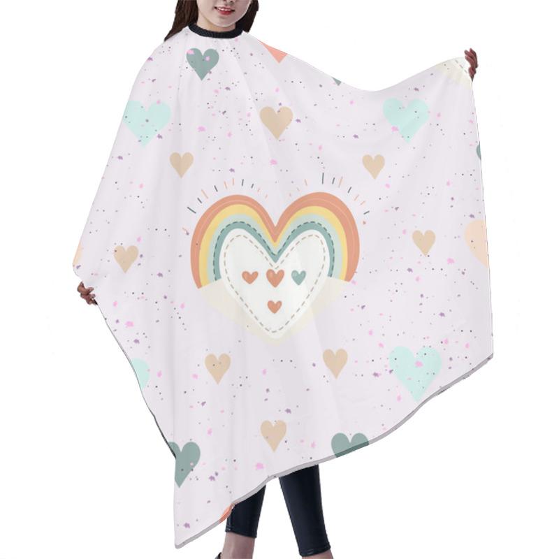 Personality  Seamless Pastel Heart Pattern With Rainbow Accents. Whimsical Heart And Rainbow Design On White Background. Colorful Hearts And Dotted Accents Repeating Pattern Hair Cutting Cape